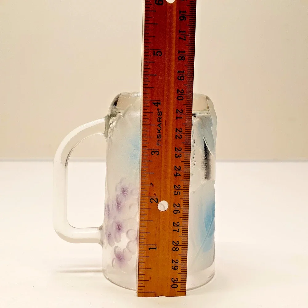 Avon Frosted Glass Floral Coffee Mugs Set Of 2 Purple Flowers Green Leaves